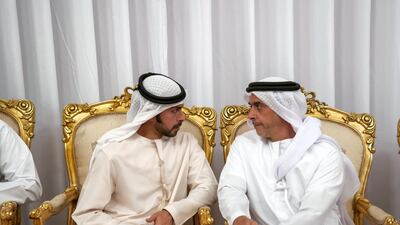 Sheikh Saif bin Zayed, UAE Deputy Prime Minister and Minister of Interior, and Sheikh Khalifa bin Tahnoon, Director of the Martyrs' Families' Affairs Office of the Abu Dhabi Crown Prince Court, offer condolences to the family of martyr Warrant Officer Saleh Hassan Saleh bin Amro. Mohamed Al Hammadi / Ministry of Presidential Affairs