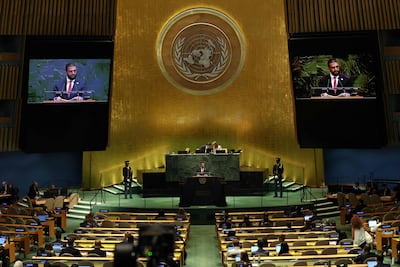 President of Syria Ahmad Al Shara addresses the UN. AFP