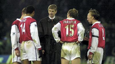Arsene Wenger with his penalty takers during FA Cup fourth-round replay at Leicester City on January 19, 2000. Arsenal lost 6-5 in the shootout. Getty