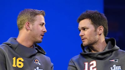 Tom Brady, right, goes for a sixth Super Bowl title with the New England Patriots on Sunday, but standing in his way is the Los Angeles Rams, who have Jared Goff, left, as their quarterback. USA Today Sports