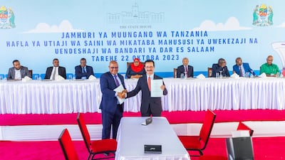 Ernest Mangu, chairman, Tanzania Ports Authority and Sultan Ahmed Bin Sulayem, group chairman and CEO of DP World, during the signing of the agreement. Photo: DP World