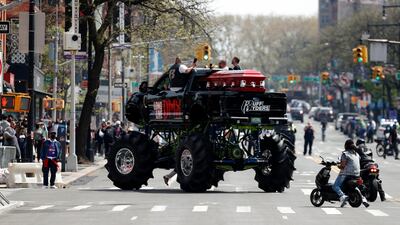 The casket of US rapper is seen on a monster truck on Flatbush avenue outside the Barclays Centre. EPA