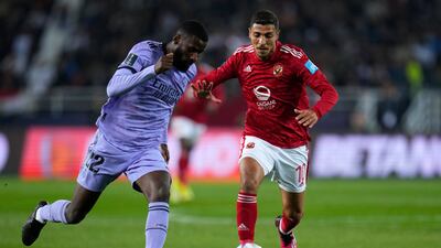 Real Madrid's Antonio Rudiger tussles with Al Ahly's Mohamed Sherif. AP