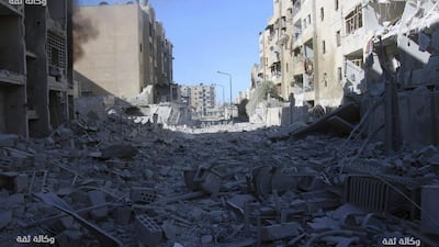 Airstrikes hit the Al-Shaar neighbourhood of Aleppo, Syria, on November 18, 2016, including an area with several hospitals, residents and rescuers said. Thiqa News via AP