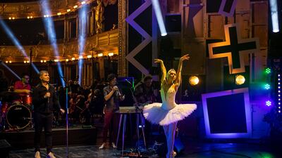 Nikola Marova, first soloist of The Czech National Ballet, and Czech popular band Mig21, performs during a rehearsal for a live broadcast at the National Theatre in Prague, Czech Republic. EPA