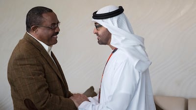 Sheikh Mohamed bin Zayed greets Hailemariam Desalegn, former prime minister of Ethiopia at Abu Dhabi Yas Hotel during the 2015 Abu Dhabi Grand Prix. Ryan Carter / Crown Prince Court - Abu Dhabi