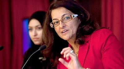 Houriya Kazim, a leader in the battle against breast cancer, addresses a meeting hosted by the women's network 85 Broads. Christopher Pike / The National