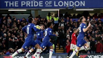 Chelsea's Olivier Giroud celebrates with teammates before his goal is disallowed by VAR. Reuters