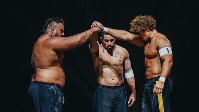 From left, Team Australia's Eddie Williams, Robert Whittaker and Eloni Vunakece in Physical: Asia. Photo: Netflix
