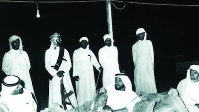 Meeting in the Eastern Region in 1978 with citizens and officials, including Ahmed Al Suwaidi, seated left, the first foreign minister