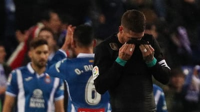 Real Madrid’s Sergio Ramos looks dejected after Espanyol’s Gerard Moreno scores the winning goal in the 93rd minute. Sergio Perez / Reuters
