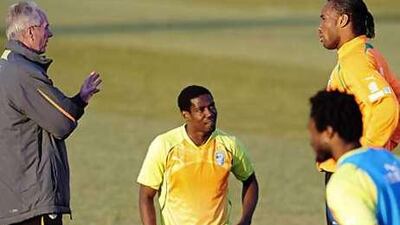 Sven-Goran Eriksson, left, the Ivory Coast coach, instructs Didier Drogba, right, his captain, during a training session.