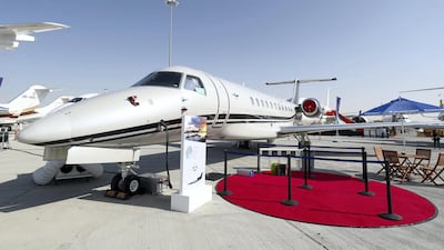 A Legacy 650E by Embraer at the MEBAA Show in December 2018 at Al Maktoum International Airport in Dubai. Chris Whiteoak / The National.