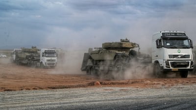 Iranian military vehicles are transported to the border area for the exercise. Azerbaijan earlier said it was 'stunned' to hear of the exercise. EPA