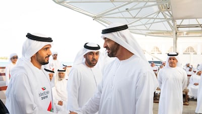 Sheikh Mohamed bin Zayed, Crown Prince of Abu Dhabi and Deputy Supreme Commander of the Armed Forces greets a member of Journey of the Union initiative, during a Sea Palace barza.