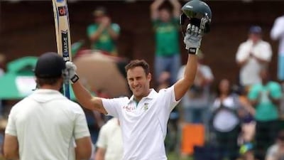 Faf du Plessis, right, the South Africa batsman, scored his second Test century Georges Stadium in Port Elizabeth yesterday. Themba Hadebe / AP Photo