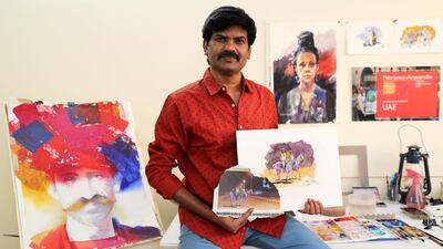 Dubai resident Atul Panase started the social media challenge Pick Any Pic And Paint, inviting fellow artists to choose any image from a newspaper and turn it into a colourful work of art amid the coronavirus crisis. Pawan Singh / The National