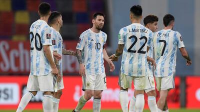 Lionel Messi and hisArgentina teammates at the end of the 2022 World Cup qualifier against Chile in Santiago del Estero. EPA