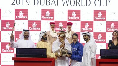 Jockey Christophe Soumillon after winning the Dubai World Cup on Thunder Snow. Chris Whiteoak / The National