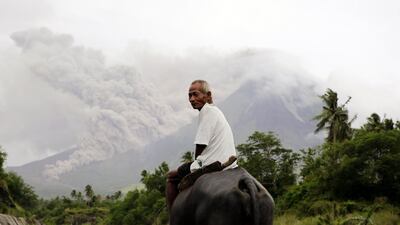 A Filipino villager rides a water buffalo along the slopes of rumbling Mayon Volcano as it spews ash in Legaspi city, Albay province, Philippines. Francis R. Malasig / EPA