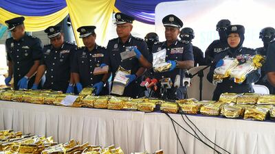 Malaysian Customs display 1,187kg of Methamphetamine worth $17.8 million) seized during a news conference in Nilai, Malaysia on May 28, 2018. Angie Teo / AFP