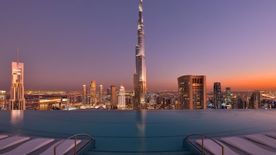 The infinity pool, located on the hotel's Sky Bridge, offers unprecedented views of the Burj Khalifa and The Dubai Fountain