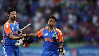 Suryakumar Yadav, right, and Shivam Dube after their win over Pakistan
