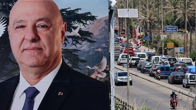 A billboard with the photo of Lebanese President Joseph Aoun, who is rejecting outside interference. EPA