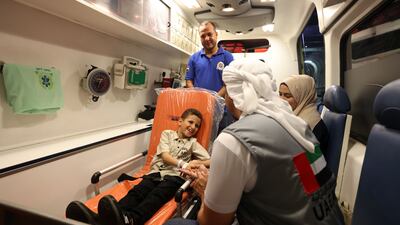 A young Palestinian in an ambulance on the floating field hospital