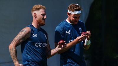 England captain Ben Stokes, left, and Stuart Broad during training at Edgbaston. PA