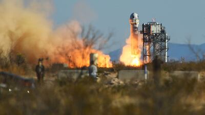 A Blue Origin New Shepard rocket launches from Launch Site One in West Texas north of Van Horn on Thursday. AFP