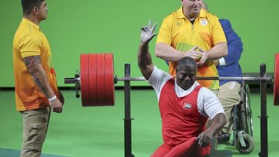The UAE's Mohammed Khalaf celebrates his winning lift of 220 kilograms in the men's 88kg powerlifting competition at the Rio 2016 Paralympic Games. Sergio Moraes / Reuters