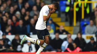 Kyle Naughton of Spurs reacts as he leaves the field after being shown the red card during their English Premier League match between Tottenham Hotspur and Stoke City at White Hart Lane on November 9, 2014 in London, England. Shaun Botterill / Getty Images