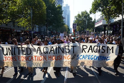 Demonstrators take part in an anti-racist rally in Melbourne, Australia, on Saturday. Erik Anderson / EPA