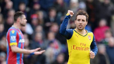 Arsenal's Santi Cazorla celebrates after scoring against Crystal Palace from the penalty spot during their 2-1 Premier League win at Selhurst Park on Saturday. Andy Rain / EPA