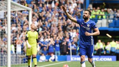 Chelsea’s Cesc Fabregas celebrates after scoring against Leicester from the penalty spot during the Premier League match between Leicester and Chelsea at Stamford Bridge in London, Britain, 15 May 2016. Andy Rain / EPA