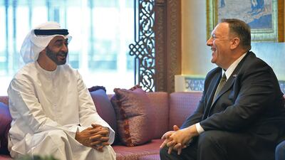 U.S. Secretary of State Mike Pompeo takes part in a meeting with Abu Dhabi Crown Prince Mohammed bin Zayed al-Nahyan in Abu Dhabi, United Arab Emirates September 19, 2019. Mandel Ngan/Pool via REUTERS