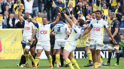 Clermont players celebrate after reaching the European Cup final in April. David Rogers / Getty Images / April 18, 2015
