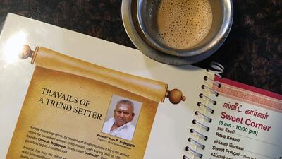 This file photo taken on June 28, 2019 shows the image of P Rajagopal, founder of the Saravana Bhavan food chain. Rajagopal began his life sentence on July 9 for murdering his love rival. AFP