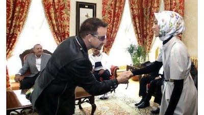 The U2 frontman Bono is greeted by Sumeyye Erdogan, the Turkish prime minister Recep Tayyip Erdogan's daughter, in Istanbul in September.