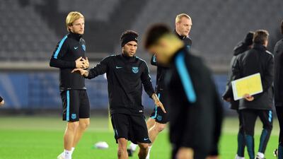 Barcelona’s Dani Alves shown in action on Wednesday at the team’s training session during the Club World Cup. Yoshikazu Tsuno / AFP