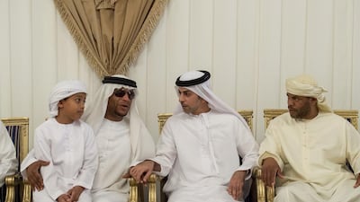 Sheikh Omar bin Zayed, Deputy Chairman of the Board of Trustees of Zayed bin Sultan Al Nahyan Charitable and Humanitarian Foundation, second right, offers condolences to the family of martyr Zayed Al Kaabi who died while serving with the Armed Forces in ‘Operation Restoring Hope’. Rashed Al Mansoori / Crown Prince Court - Abu Dhabi