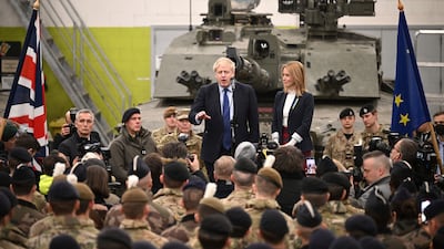 British Prime Minister Boris Johnson and Estonian leader Kaja Kallas meet Nato troops stationed in Tallinn. AP