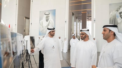 Sheikh Mohamed bin Zayed (second right) tours the new expansion and development work at the Abu Dhabi National Oil Company (ADNOC) Headquarters. He is seen with Dr Sultan Al Jaber, UAE Minister of State, Chairman of Masdar and CEO of ADNOC Group (left). Hamad Al Kaabi / Ministry of Presidential Affairs