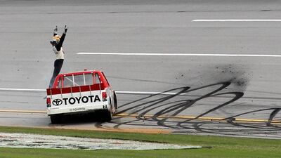 White van man: Parker Kligerman acknowledges the fans after winning the Nascar Camping World Truck Series Talladega Superspeedway in Alabama. Chris Graythen / Getty Images