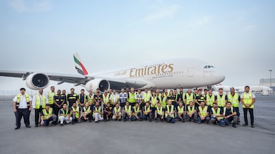 The Emirates retrofit team with the first A380 set to be worked on. Courtesy Emirates
