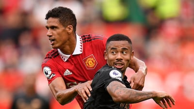 Manchester United's French defender Raphael Varane vies with Arsenal's Brazilian striker Gabriel Jesus. AFP