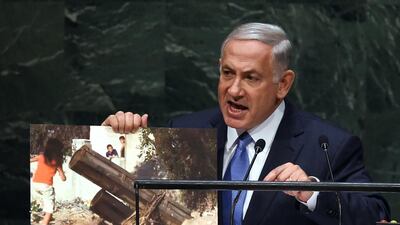 Israeli Prime Minister Benjamin Netanyahu rages at a half-empty UN chamber in New York last week (AFP PHOTO / Timothy A. CLARY)