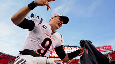 Cincinnati Bengals quarterback Joe Burrow celebrates after winning the AFC Championship Game against the Kansas City Chiefs at GEHA Field at Arrowhead Stadium. The Cincinnati Bengals won 27-24. Reuters