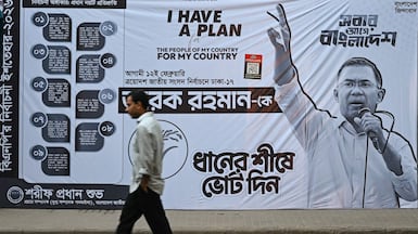 BNP chairman Tarique Rahman is depicted on an election poster in Dhaka. He returned to the country after living in exile. AFP